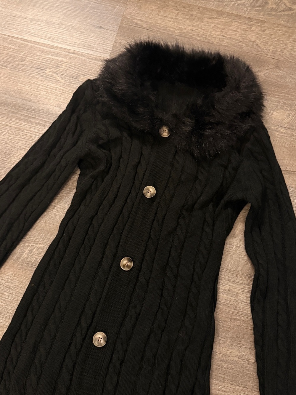 Black Cable-Knit Long Sweater Dress with Faux Fur - Picture 3 of 6